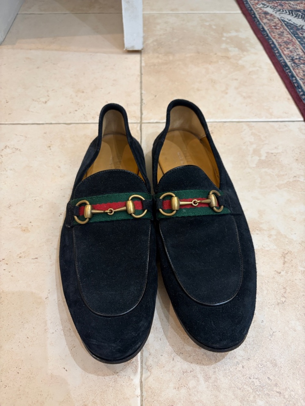 Gucci Black Suede Loafers with Green & Red Web and Gold Hardware